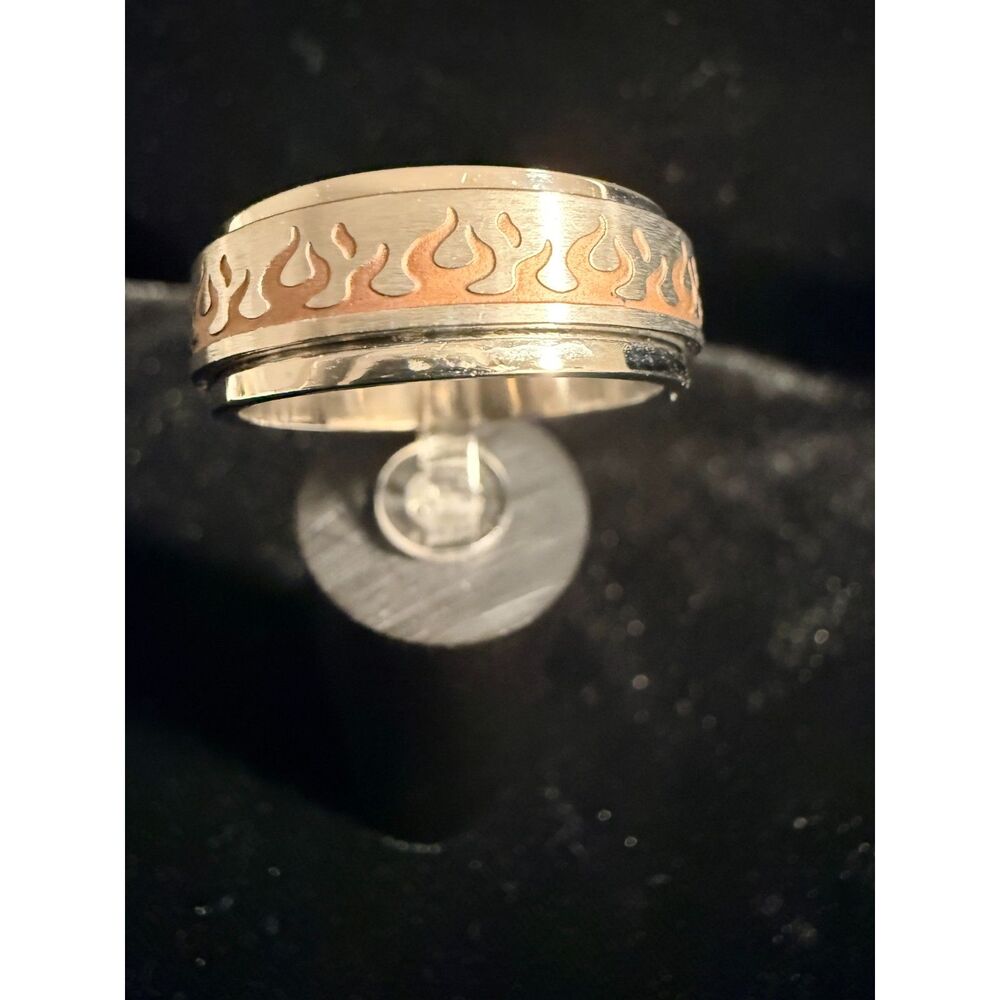 Stainless Steel Flame Spinner Fidget Ring Silver / Copper Two Tone Band size 10